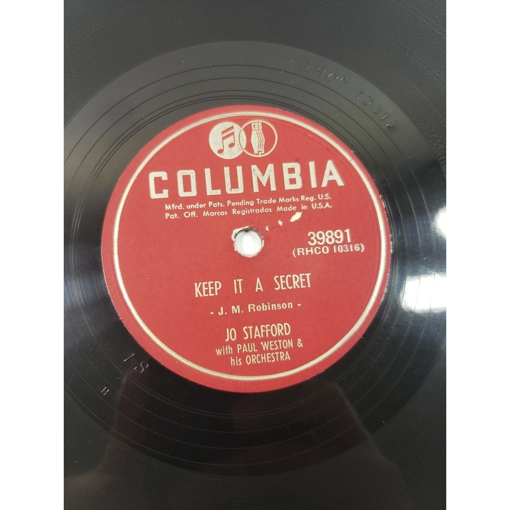 Jo Stafford Keep It a Secret / Once to Every Heart 1952 10" Record VG+ 78 A1